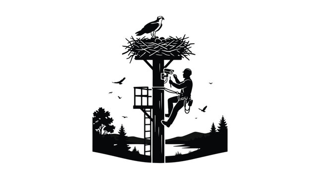 Worker climbing utility pole maintaining osprey nest vector