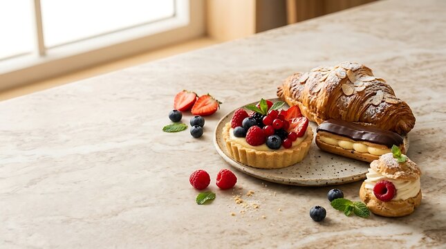 Fresh gourmet pastries including fruit tart croissant eclair and cream puff on a rustic stone table
