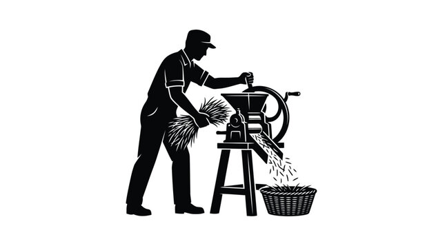 Farmer operating manual threshing machine processing rice crop vector graphic