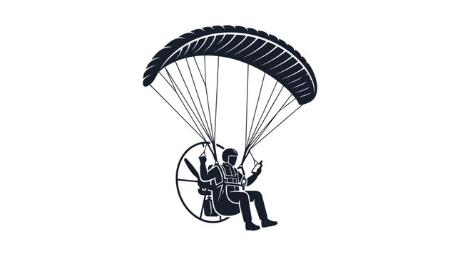 Vector silhouette of a paramotor pilot flying with a parachute wing and propeller engine