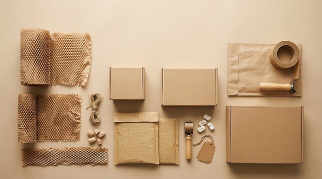 Cardboard boxes and packaging materials arranged flat on a neutral.