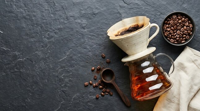 Manual coffee brewing process with ceramic pour over dripper and glass carafe