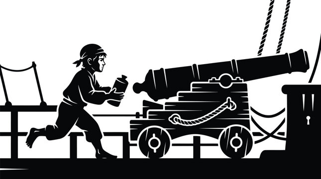 Pirate loading ancient ship cannon with gunpowder vector graphic