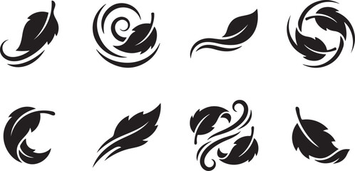 Fototapeta premium Set of abstract black leaf icons with swirling lines and dynamic floral elements on a clean white background