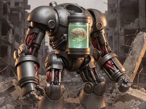 Heavy metal mech robot with preserved brain in glowing tank stands amid broken concrete rubble in post-apocalyptic ruins.