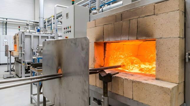 Industrial glass annealing furnace with glowing orange hot chamber in manufacturing plant
