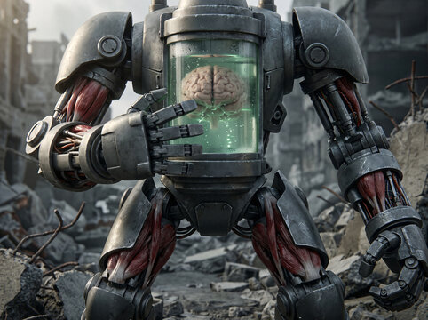 Heavy metal mech robot with preserved brain in glowing tank stands amid broken concrete rubble in post-apocalyptic ruins.