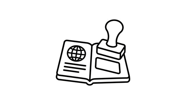 Black outline passport book and ink stamp over transparent background.