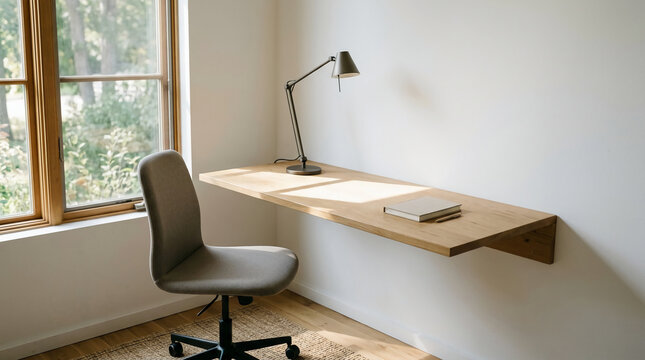Modern minimalist home office featuring a floating wooden desk and grey ergonomic chair by a large window with soft natural sunlight, clean workspace for remote work and productivity.