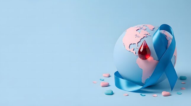 Concept of World Diabetes Day , a blue ribbon is in the middle of the world , Colorful candies around the world, horizontal web banner.