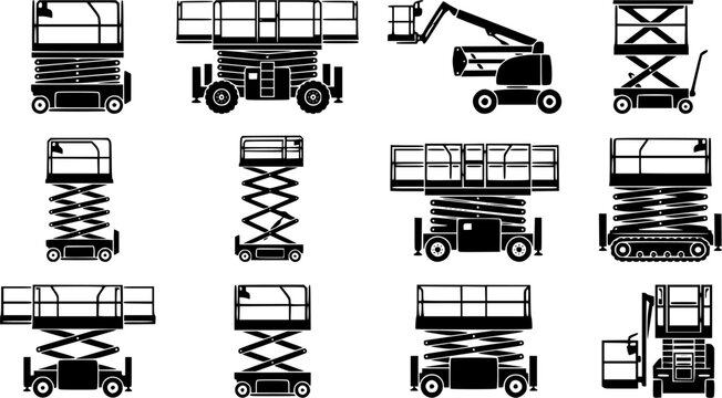 Scissor Lift & Platform Silhouette Icon Set. Collection of industrial & construction silhouettes, including scissor lift & platform, detailed heavy equipment shapes, and more.
