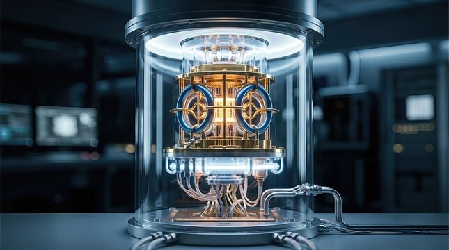 Quantum processor, advanced computing device showcasing laboratory infrastructure, complex technological machinery with glowing core, futuristic scientific apparatus enabling data processing.