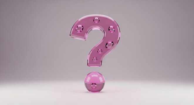 Glossy pink glass question mark symbol isolated on a soft light gray background