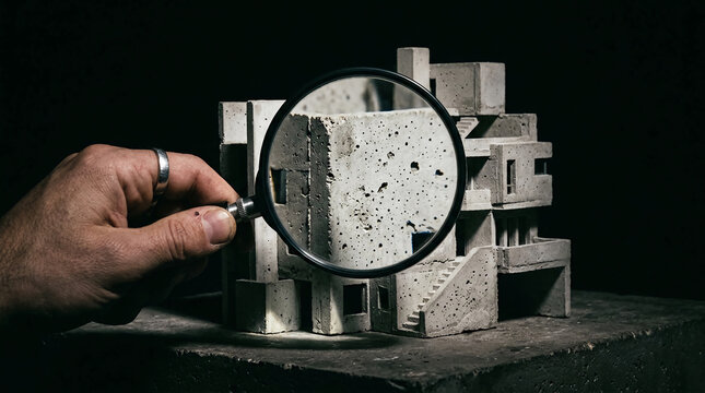 Hand Holding Magnifying Glass Inspecting Concrete Architectural Model in Dark Studio Setting, Detailed Structural Quality Control with Moody Spotlight Lighting and Industrial Texture Macro