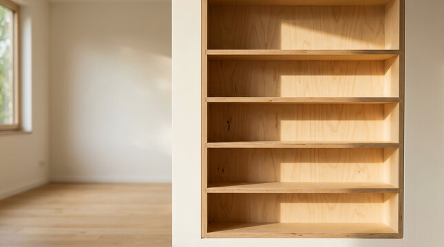 Minimalist empty wooden built-in bookshelf in a bright modern room with natural sunlight casting soft shadows, contemporary home interior design with clean lines and warm wood textures.