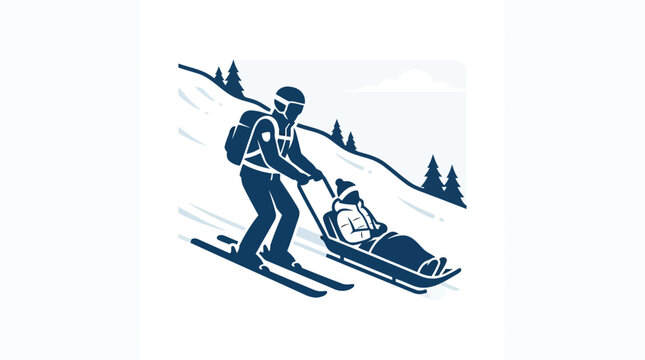 Rescuer pulling person on rescue sled down snowy mountain vector graphic
