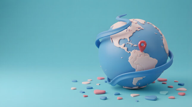 3D Earth Globe with Red Location Pin and Ribbon on Blue Background with Copy Space for Travel, Destination, Worldwide Navigation and Delivery Concept.