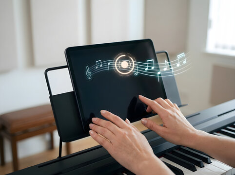 Person using a tablet displaying musical notes over a piano keyboard.