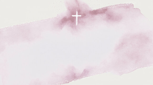 Minimalist Christian watercolor background with a glowing white cross, soft blush pink and mauve washes, sparkling accents and generous copy space.
