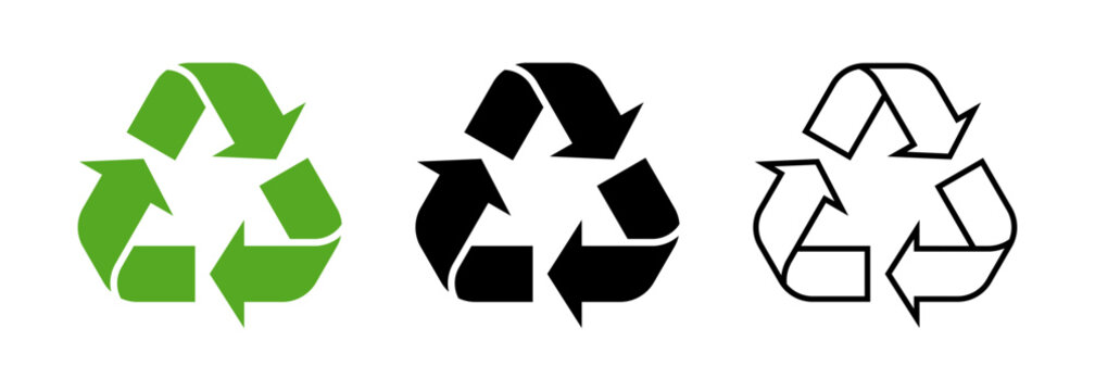 Recycle symbol icons on transparent background, PNG. Recycle vector logo with flat green, solid black and black outline.