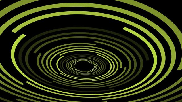 Abstract digital art featuring concentric segmented green and yellow-green ellipses creating a hypnotic tunnel effect on a dark background.