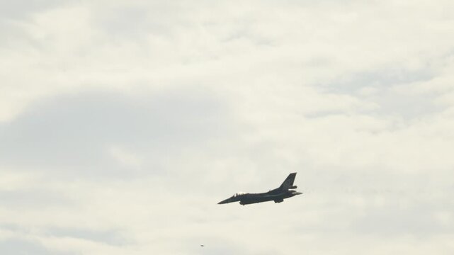 Military F16 fighter jet performing aerobatics