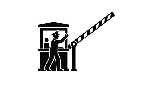 Security guard operating road barrier gate at checkpoint vector illustration
