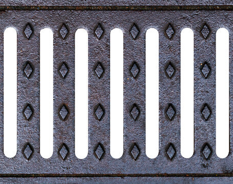 Weathered metal grate section with elongated vertical openings and small embossed diamond details. Rusty industrial texture presented as a PNG element