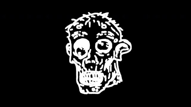 Seamless looping line boil 2D animation of scary zombie head with an open mouth on transparent alpha channel. Creepy line art monster icon for Halloween, horror themes, and dark projects.