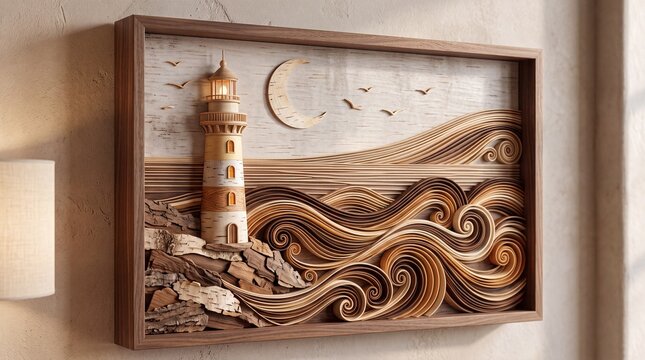 A wooden painting depicting a lighthouse, made of veneer and birch bark, in a wooden frame.