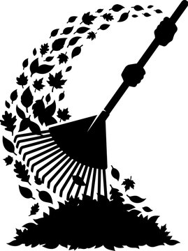 Autumn leaves raked into a pile with a garden rake silhouette