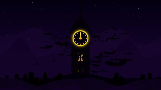 Spooky Clock Tower with Flying Bats on Halloween Night Loop Animation