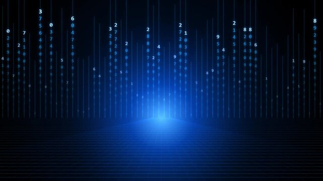 Blue vertical digital matrix data rain falling down binary