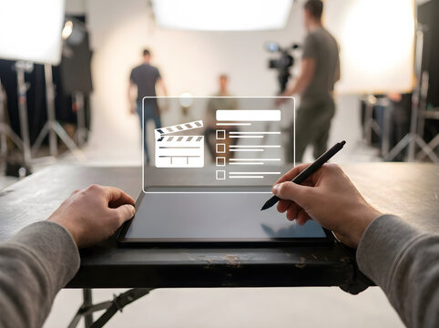 Director reviewing film clapperboard checklist on tablet during production setup.