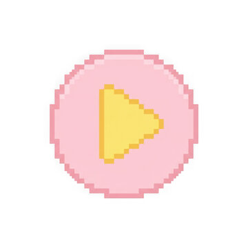 Pink circle play button icon with yellow triangle in a retro pixel art style design