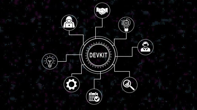 Animated devkit concept infographic with glowing nodes and business appearing on digital background, technology, software development, and corporate presentations