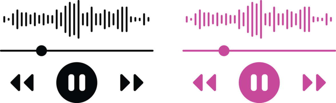 Modern music player interface icon set featuring playback controls, play and pause buttons, progress bars, audio waveforms, volume controls, shuffle, repeat, favorites, and menu symbols in neon pink o