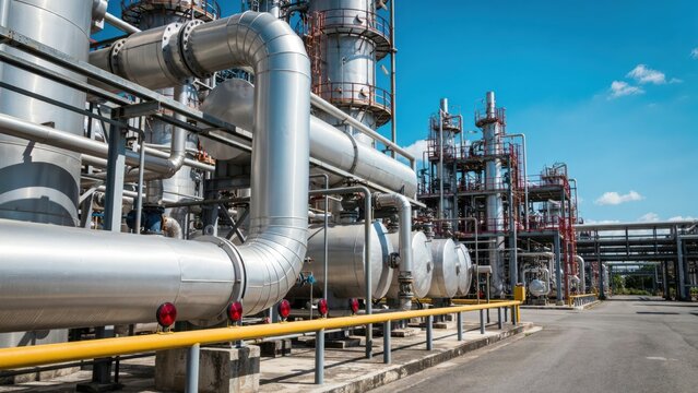 Industrial oil refinery plant with metal pipes and storage tanks under a clear blue sky