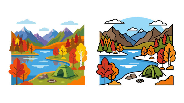 Autumnal lakeside scene with camping tent a colorful vector illustration
