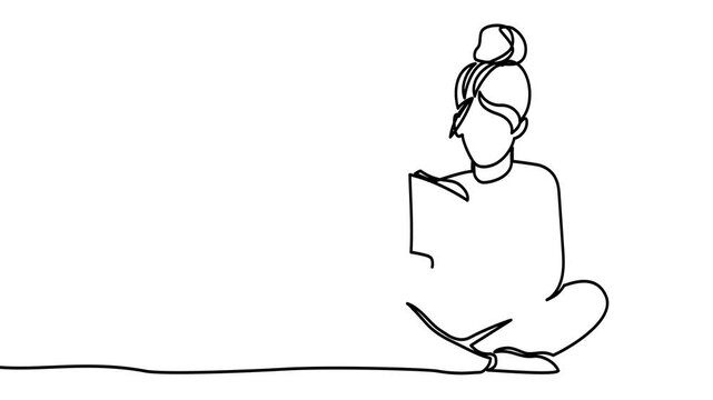 Book woman line read girl continuous student outline art illustration. Line woman drawing child book education school women group park adult newspaper one magazine graphic curiosity muslim teacher.