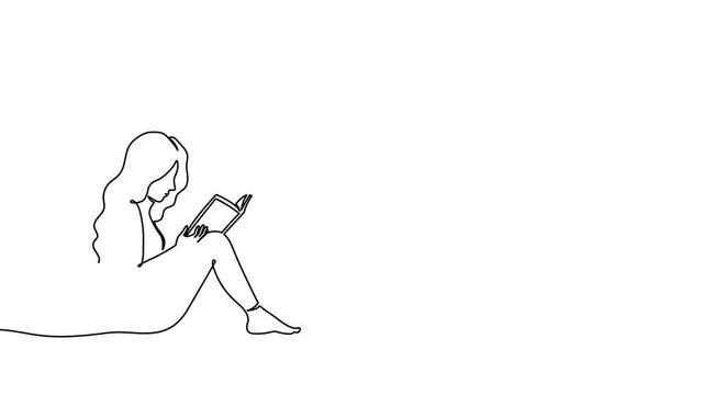 Book woman line read girl continuous student outline art illustration. Drawing line woman book child linear bench design moslem lineart muslim sitting school education relax life silhouette women.