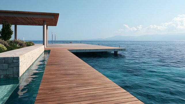 Modern wooden pier extends over calm blue sea with stone pool and covered structure under clear sky