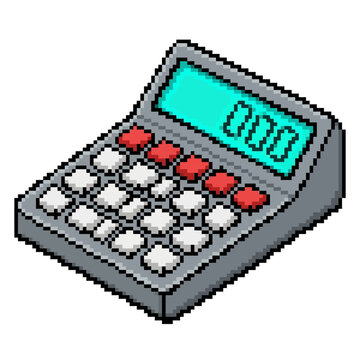 Isometric pixel art illustration of a retro electronic calculator with a cyan screen displaying zeros.