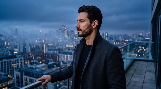 Sophisticated Hispanic Businessman Wearing Minimalist White Gold Ear Cuff at Dawn