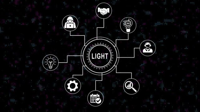 Comprehensive business and artificial intelligence light technology concept diagram with interactive network nodes, digital and data connections on dark abstract technological background