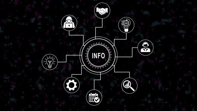 Dynamic info infographic animation featuring connected business technology and digital network nodes on a modern abstract tech background, for corporate data, presentations and strategy infographics
