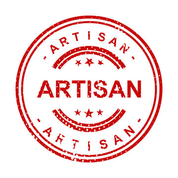 Red artisan circular stamp with bold text illustration