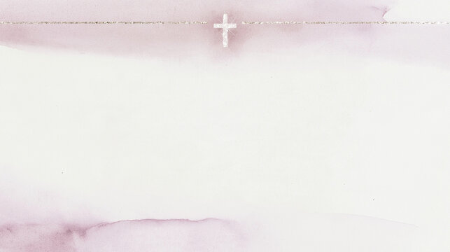 Minimalist Christian watercolor background with burgundy crosses, dusty rose washes, a thin dark frame and spacious white copy space for religious designs.