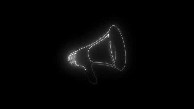 White Neon Glowing Megaphone Outline Drawing Animation on Black Background