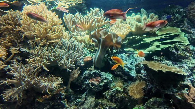 Parrotfish and sea fishes over coral reefs.